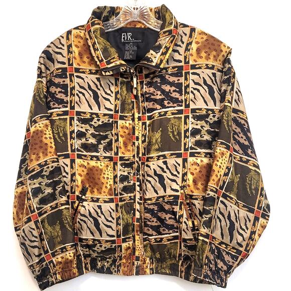 Vintage EVR 100 % Silk Patchwork Animal‑Print Bomber Jacket L Lined Zip Front - Picture 1 of 13
